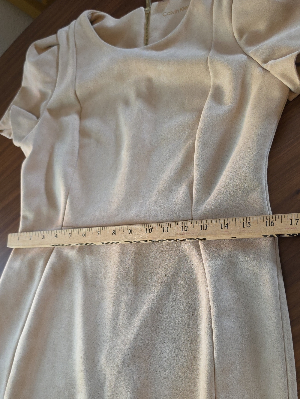 Calvin Klein Camel Tan Faux Suede Puff Short Sleeve Sheath Dress Size 10 - Picture 12 of 13
